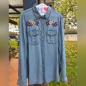 Silky Soft Blue Denim Shirt with Embrodered Details, Snap Button